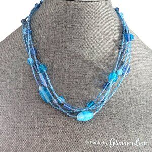 Bohemian Multi Strand Shades of Blue Glass Beaded Necklace